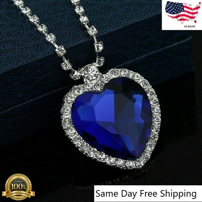 Titanic HEART OF OCEAN Blue CRYSTAL Pendant NECKLACE Lab Cerated Silver Plated