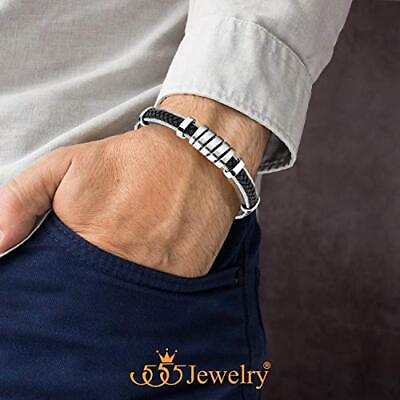 555Jewelry Wide Twisted Cable Men Stainless Steel Metal and Leather Bracelet