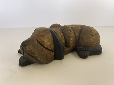 #ad Vintage Hand Carved Wooden Sleeping Dog 8” Dog Lover Figurine