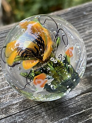 Handmade Glass Marble California Poppy With 3 Tiny Koi By Sara Sally LaGrand