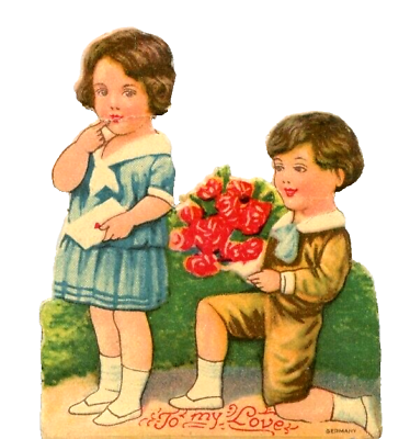 #ad Vtg Valentine Card Die Cut Victorian Boy Girl Proposal Knee Bouquet Roses 1928