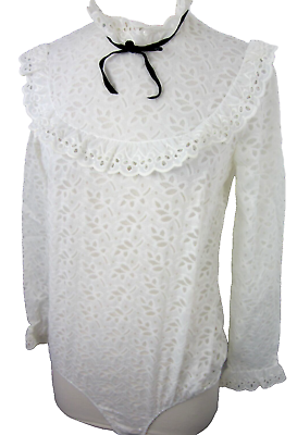 #ad #ad Vintage 70#x27;s Blouse S M White Allover Lace High Ruffle Neck Bow Trim Snap Bottom