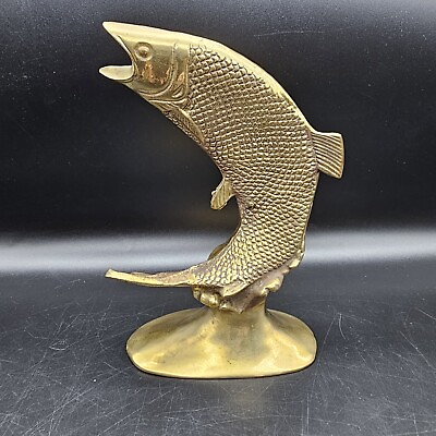 #ad Vintage Salmon Trout Jumping Fish Sculpture 7.5quot; Solid Brass Fishing