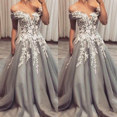 Silver Grey Wedding Dresses Off the Shoulder Lace Appliques Tulle Wedding Gowns