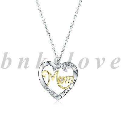 #ad 925 Sterling Silver CZ Love You Mom Heart Pendant Necklace for Mother#x27;s Day Gift