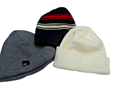 #ad Lot of 3 Men’s Beanies One Size Fits All Cream Navy with Red and White Gray