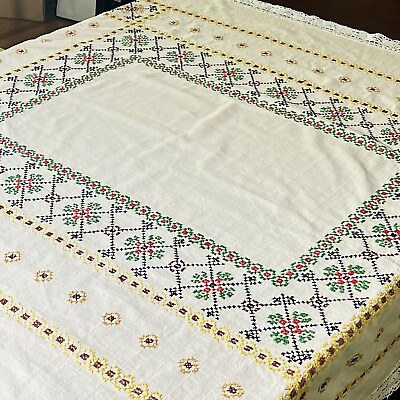#ad Beautiful Vintage German Hand Stitched Cotton Tablecloth