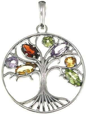 #ad Tree of Life Clear mix Gemstones 925 Silver Handmade Pendant Silver Necklace