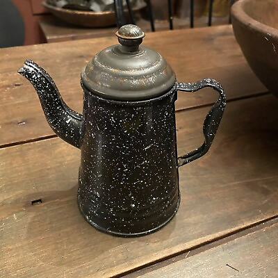 #ad ANTIQUE Vintage Small Black Speckled GRANITEWARE Coffee Pot
