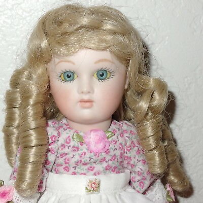 Reproduction Antique Porcelain Doll 11quot; Blond Ringlets amp; Handmade Pink Dress