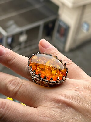 #ad Silver Large Baltic Amber Ring Natural Orange Amber Stone Ring 6 16 SİZE