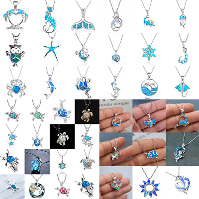 Women Sea Turtle Animal Blue Fire Opal Necklace Pendant 925Silver Choker Jewelry