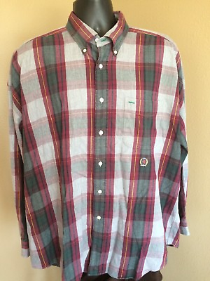 #ad Tommy Hilfiger Shirt Mens L Crest Cotton Button Up Gray Maroon Green Casual L S