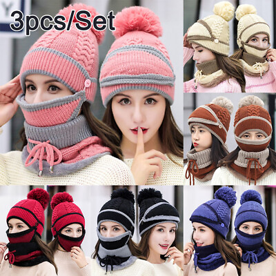 Women Knitted Beanie Scarf Cable Hat Face Mask 3pcs Snood Neck Winter Pompom Cap