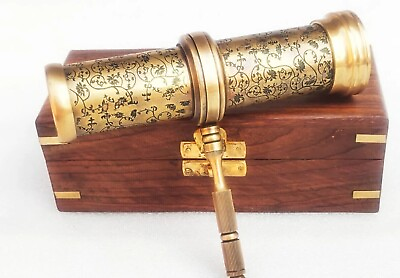 #ad Antique Vintage Handmade Brass Handle Kaleidoscope With Wooden Box.