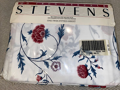 Vintage STEVENS Twin Fitted Sheet New In Package blue pink white flowers large