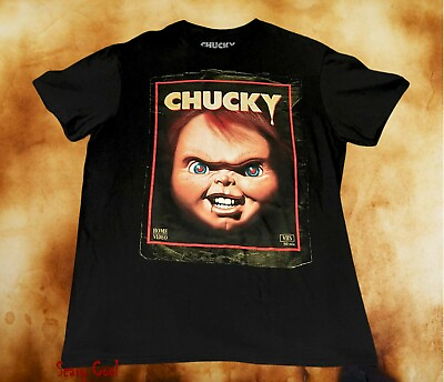 #ad New Chucky Childs Play Wanna Play 1988 VHS Cover Mens Vintage Throwback T Shirt