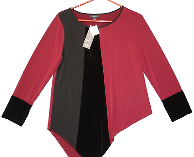 #ad Alfani New Women#x27;s PM Red Black velvet Scoop Neck Shirt Top Petites