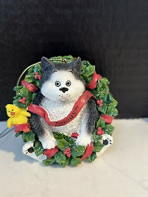 #ad The San Francisco Music Box Company Cat Christmas Ornament Angus Stuck in Wreath