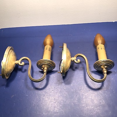 #ad Pair antique of silver tone yellow brass scroll arm sconces 52F