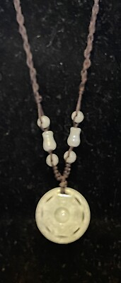 #ad vintage Chinese White Jade Necklace carved pierced disc pendant adjustable cord
