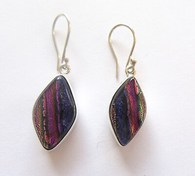 #ad DICHROIC GLASS EARRINGS sterling silver marquis shape purple pink green