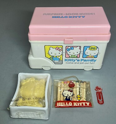 #ad 1976 Sanrio Hello Kitty Kitty’s Family Bus Container w Soap Pencils Paper Clip