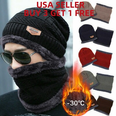 #ad Mens Womens Winter Beanie Hat Scarf Set Warm Knit Hat Thick Fleece Lined Cap