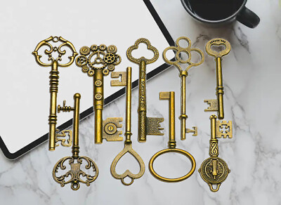 #ad 9PCS BIG Large Antique Vtg old Brass Skeleton Keys Lot Cabinet Barrel Lok