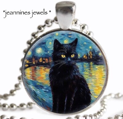 #ad Black Cat Necklace Van Gogh Starry Night Art Print Silver Charm Pendant