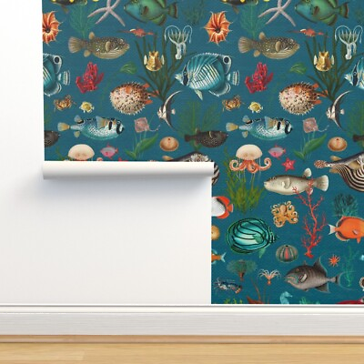 Traditional Wallpaper Teal Ocean Life Coral Fish Nautical Vintage Antique