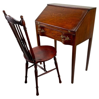 #ad Antique English Edwardian Mahogany Inlaid Secretary Slant Front Desk amp; Chair