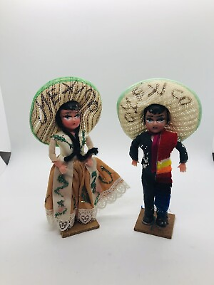 Vintage Mexico tourist doll pair sombrero plastic with wooden stands