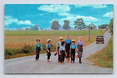 #ad #ad Ohio Amish Children Boys Girls Walking to School Ohio OH Chrome Postcard