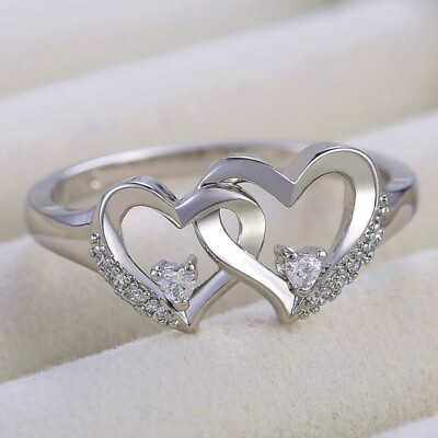 Women Romantic 925 Silver Heart Ring Wedding Cubic Zircon Jewelry Sz 6 10