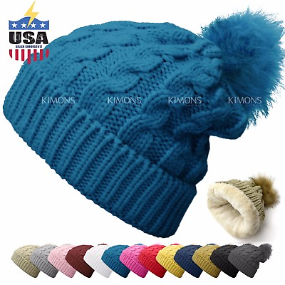 CH Fur Pom Pom Knit Slouchy Baggy Beanie Lined Winter Hat Ski Cap Solid Women