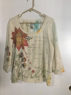 #ad Chicos Top Blouse Pullover Womens Size 3 Floral 3 4 Sleeve Round Neck