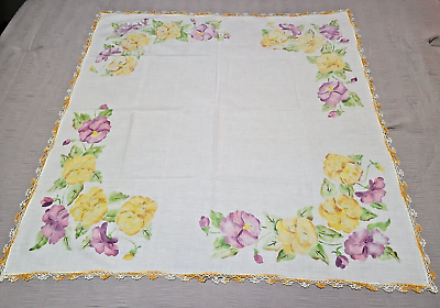 #ad VTG Card Table Tablecloth Crochet Edge Spring or Summer Pansy Flowers 33quot; x 34quot;