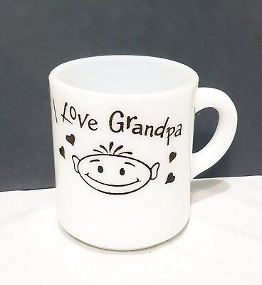 #ad I Love Grandpa Coffee Mug 9 oz Cup White Milk Glass Happy Face Hearts Display