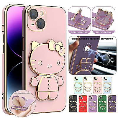Kitty Cat Folding Stand Mirror Case For iPhone 11 12 13 14 Pro Max 14 Plus Cover