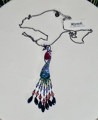 Authentic Betsey Johnson Long Peacock Pendant Statement Crystal Tassel Necklace