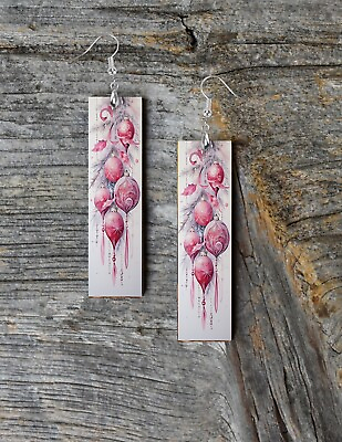 #ad Pink Ornaments Christmas Dangle Wood Bar Printed Earrings Jewelry