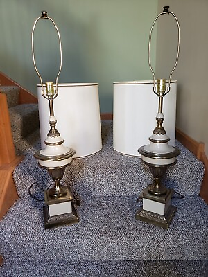  STIFFEL Table Lamps 2 w Original Shades Brass Ceramic 32quot; Tall Classic Vintage
