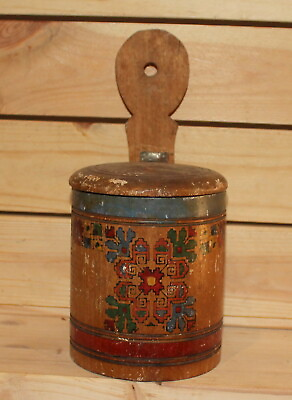 Antique wall hanging hand made wood lidded box canister