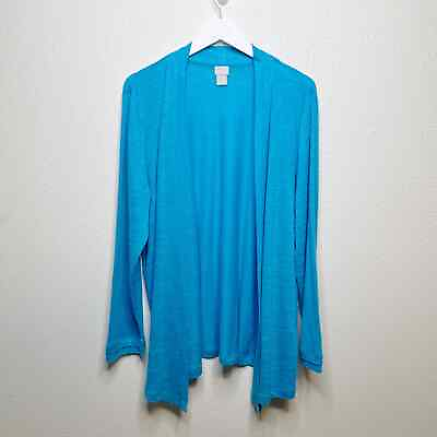 #ad Chicos 100% Linen Open Front Cardigan Sweater Aqua Turquoise Blue Sz 3 XL