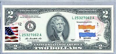 #ad Federal Reserve Bank Note Two Dollar Bill Unc Lucky Money Gift Flag South Africa
