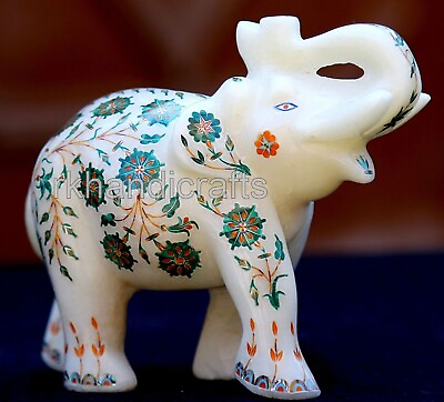 #ad 6 Inches Floral Design Inlay Work Giftable Elephant White Marble Elephant Statue