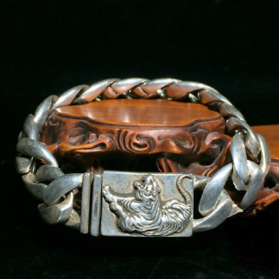 Chinese Asian Old Tibet Silver Hand Cast Tiger Statue Bracelet Jewel Gift Nice