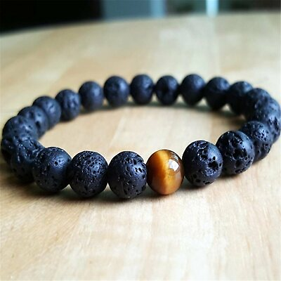 8mm Natural Lava Stone Beads Handmade Bracelet 7.5inch Meditation Gemstone