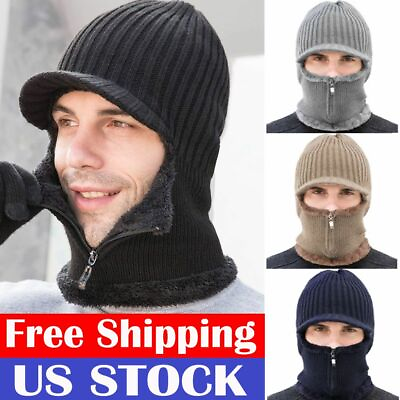 #ad Men Winter Warm Hat Knit Visor Beanie Fleece Lined Billed Beanie with Brim Cap